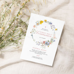 Invitation Boho Rustic Fleurs sauvages Première Communion sai