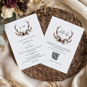 Invitation Boho Rustic Floral Antlers Mariage QR Code