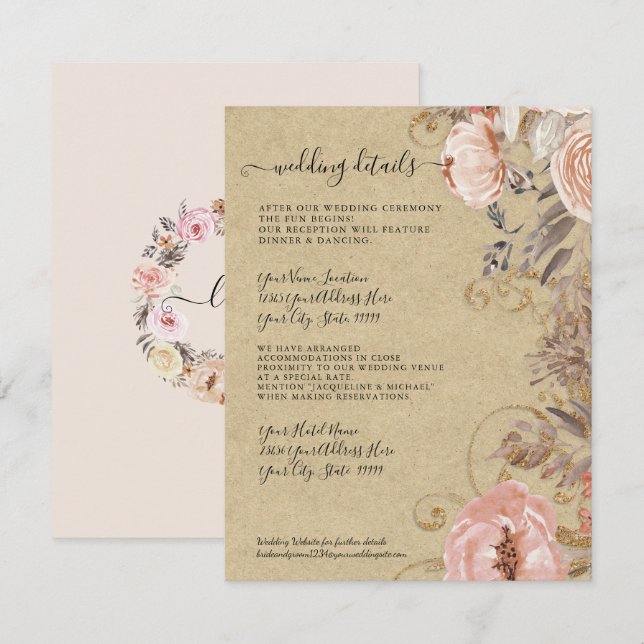 Invitation Boho Rustic Floral Blush Rose Gold Détails Mariage (Devant / Derrière)