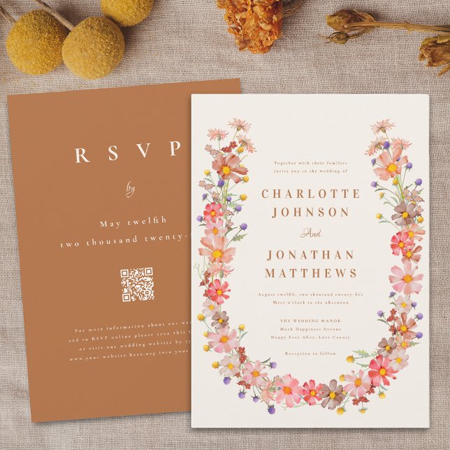 Invitation Boho Rustic Mariage de automne Fleur sauvage (Brown fall boho rustic wildflower wreath wedding invitation Watercolor autumn floral )
