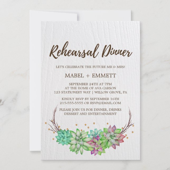 Invitation Boho Rustic Mint Floral Succulent Dîner de répétit (Devant)