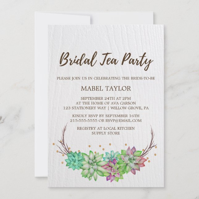 Invitation Boho Rustic Mint Floral Succulent Tea Party (Devant)