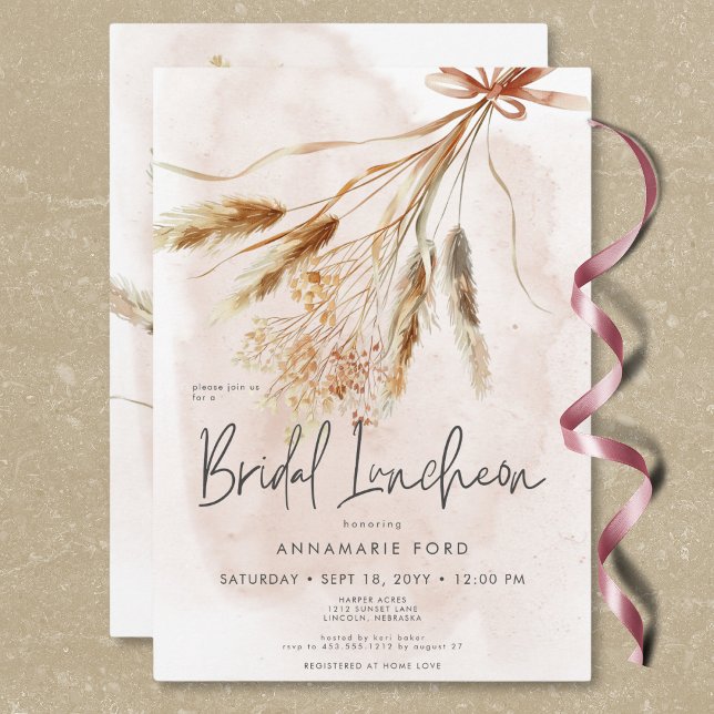 Invitation Boho Rustic Pampas & Bouquet Séché Déjeuner nuptia (Boho Rustic Pampas & Dried Bouquet Bridal Luncheon Invitation)
