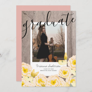 Invitation Boho Rustic Rose Floral Wood Photo Graduation