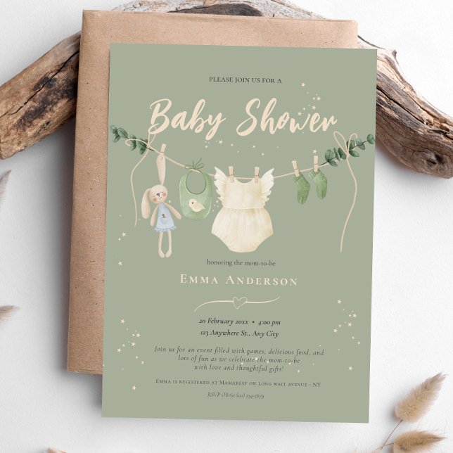 Invitation Boho Rustic Sage Genre Neutre Vintage bébé (Créateur téléchargé)