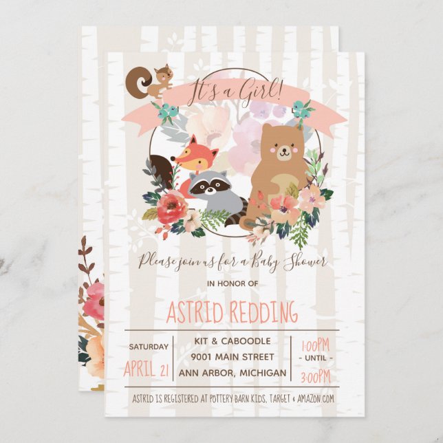 Invitation Boho Rustic Spring Birch Baby shower boisé (Devant / Derrière)
