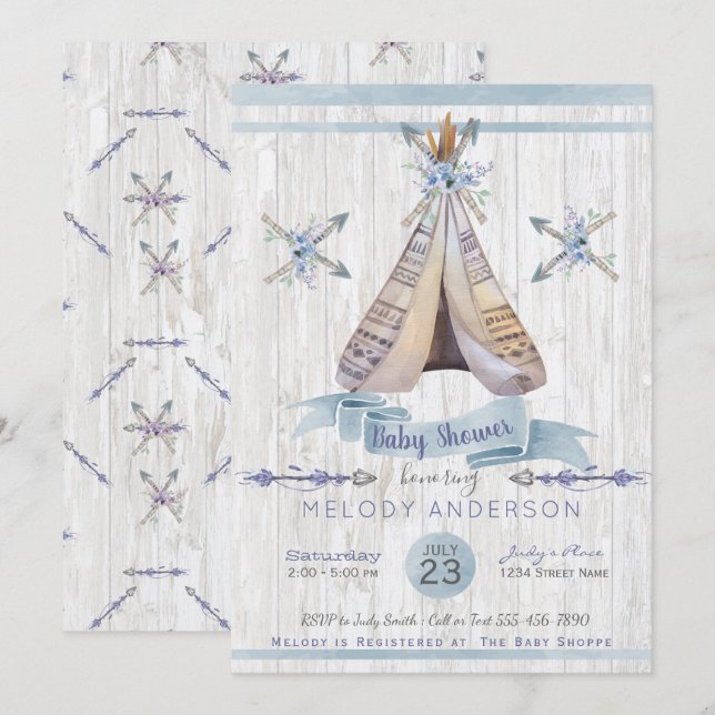 Invitation Boho Rustic Tipi & Flèches Blue Boy Baby shower (Devant / Derrière)
