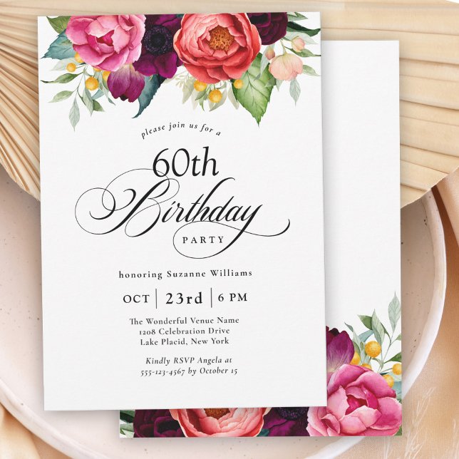 Invitation Boho Rustic Watercolor Floral 60e fête d'anniversa (Créateur téléchargé)