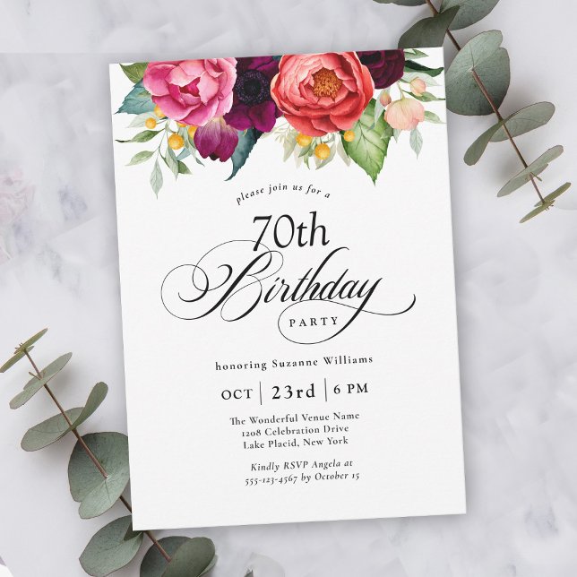 Invitation Boho Rustic Watercolor Floral 70e fête d'anniversa (Créateur téléchargé)
