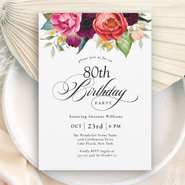 Invitation Boho Rustic Watercolor Floral 80e fête d'anniversa (Créateur téléchargé)