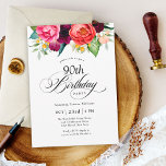 Invitation Boho Rustic Watercolor Floral 90e fête d'anniversa<br><div class="desc">Cette merveilleusement féminine et rustique boho style 90ème anniversaire invitation a une somptueuse palette de couleurs riches en terre cuite, pêche profonde, rouge bordeaux, violet, turquoise et jaune. Les jolis éléments botaniques aquarelles ont un charme organique d'inspiration nature et faire pop l'invitation avec style. Élégant script de calligraphie épelle le...</div>