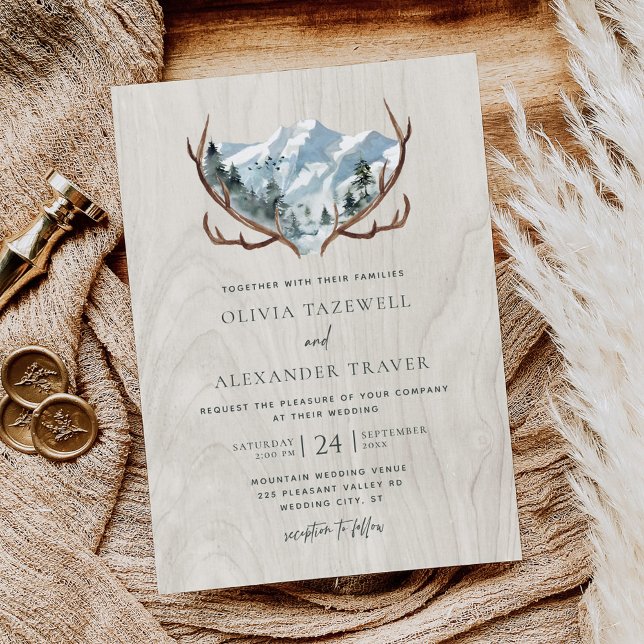 Invitation Boho Rustic Wood Antlers Mariage de montagne (Créateur téléchargé)