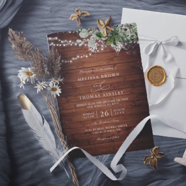Invitation Boho Rustic Wood Greenery Elegant QR Code Wedding (Créateur téléchargé)