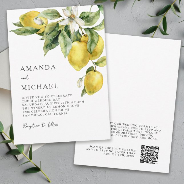 Invitation Boho rustique Aquarelle Citrons Citrus Mariage (Available in both printed and digital download formats.)