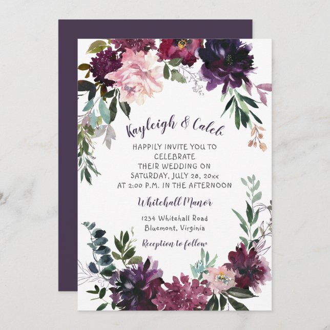 Invitation Boho rustique aquarelle Floral Mariage Wreath (Devant / Derrière)