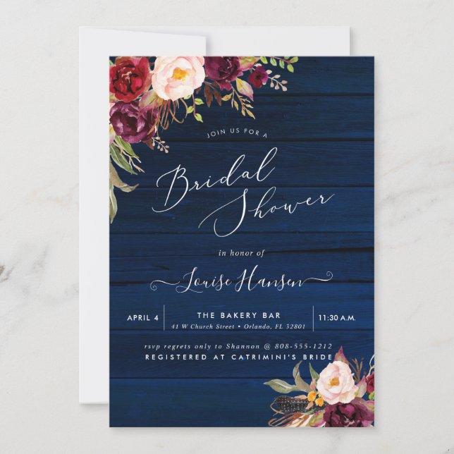Invitation Boho rustique Aquarelle Marsala Peonies Bois bleu (Devant)