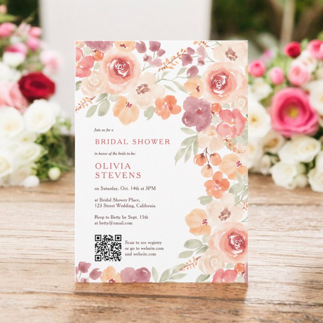 Invitation Boho rustique automne pêche blush qr code nuptiale (Boho rustic fall peach blush qr code bridal shower invitation)