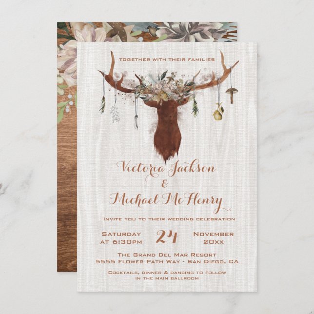 Invitation Boho rustique avec bois de cerf (Devant / Derrière)