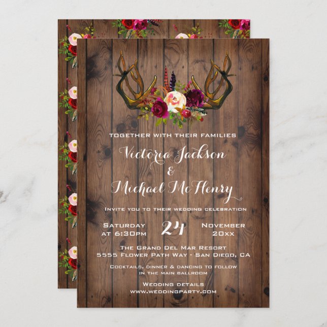 Invitation Boho rustique avec bois de cerf (Devant / Derrière)