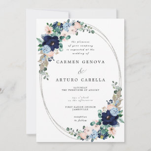 Invitation Boho Rustique Blush Rose Dusty Blue Floral Mariage