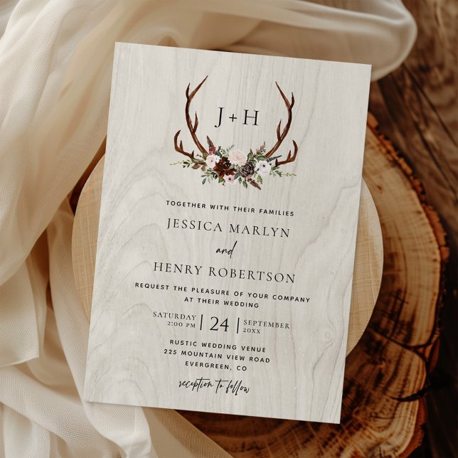 Invitation Boho rustique Boho Antlers Monogram Mariage (Créateur téléchargé)
