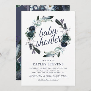 Invitation Boho Rustique Boy Blue Floral Baby shower