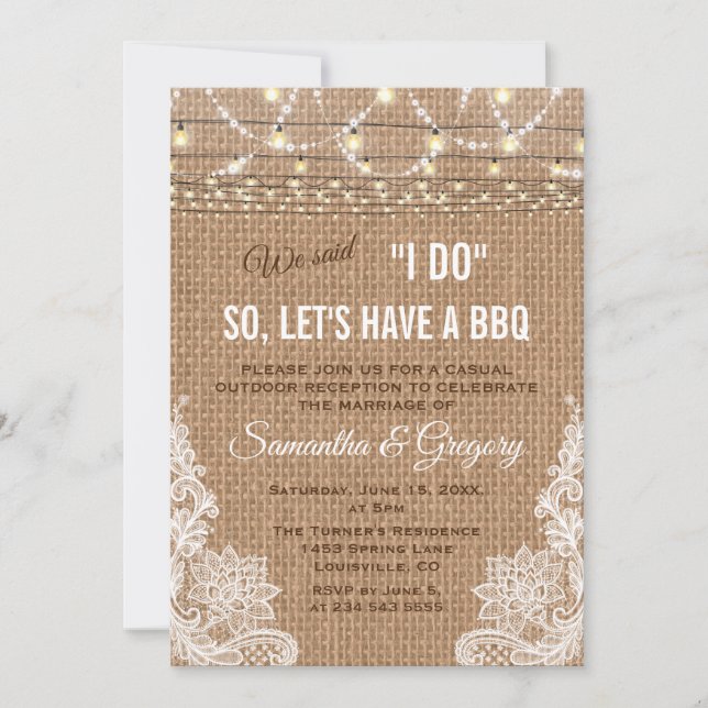 Invitation Boho Rustique Burlap Lace Lights I DO BBQ (Devant)