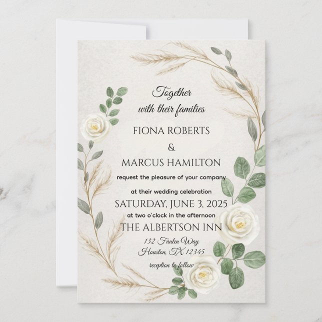 Invitation Boho Rustique classique Roses & Pampas Mariage en  (Devant)