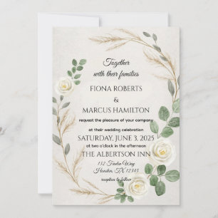 Invitation Boho Rustique classique Roses & Pampas Mariage en 