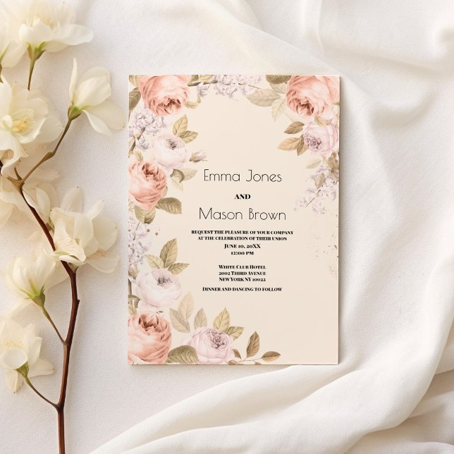 Invitation Boho rustique corail rose ivoire thème floral Mari (Rustic boho pink coral ivory floral theme Wedding )