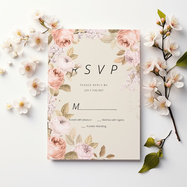 Invitation Boho rustique corail rose mauve ivoire floral RSVP (Boho rustic pink coral mauve ivory floral RSVP )