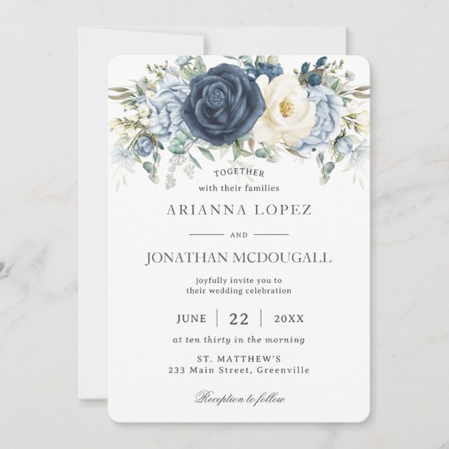Invitation Boho Rustique Dusty Blue Ivory Floral Sage Mariage (Devant)