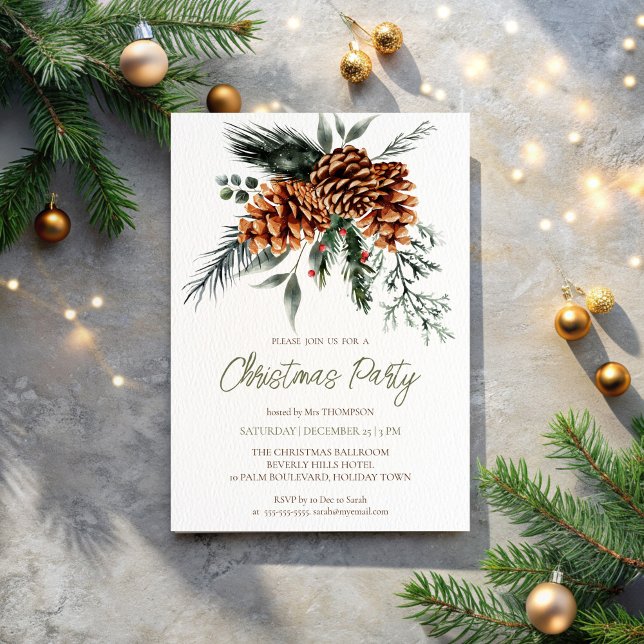 Invitation Boho rustique fête de Noël (Rustic Botanical bohemian  Christmas Party Invitation template pinecones pines winter composition)