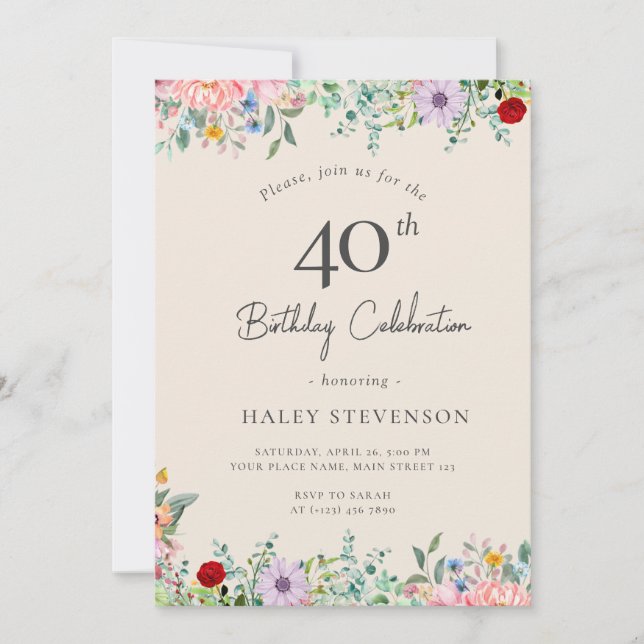 Invitation Boho rustique fleur sauvage 40e anniversaire Simpl (Devant)