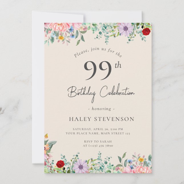 Invitation Boho rustique fleur sauvage 99e anniversaire Simpl (Devant)