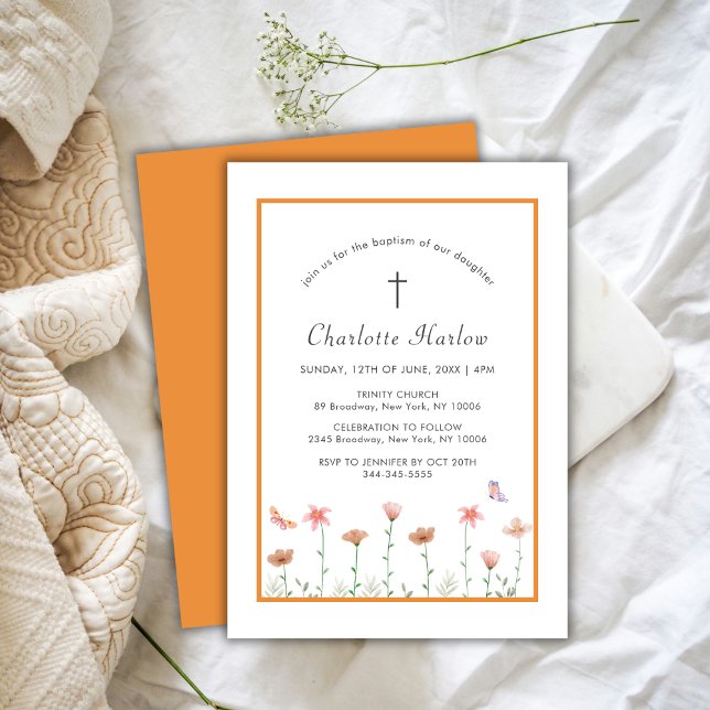 Invitation Boho Rustique Fleur sauvage Floral Cross Baptême (Rustic Boho Floral Wildflower Cross Baptism Invitation)