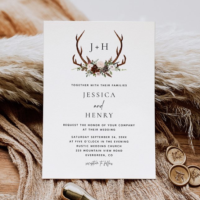 Invitation Boho Rustique Floral Antlers Mariage (Créateur téléchargé)