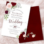 Invitation Boho Rustique Floral Bourgogne Rouge et Mariage ro<br><div class="desc">Cette belle faire-part de mariage présente un design boho chic rustique avec des roses aquarelles peints à la main dans les tons rose roux, rouge profond et bordeaux. L'élégant bouquet comprend des sprigs de lavande, d'eucalyptus, du souffle de bébé et d'autres feuillages et verdure feuille, le tout sur un arrière...</div>