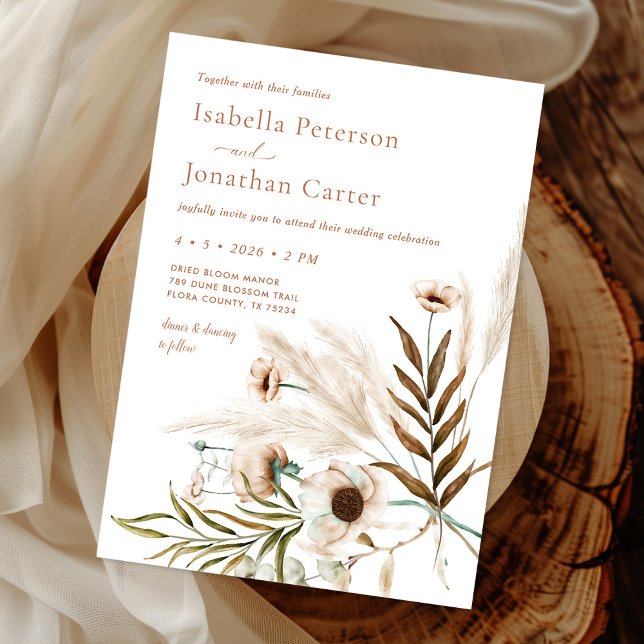 Invitation Boho Rustique Floral Pampas Grass Mariage de couro (Créateur téléchargé)
