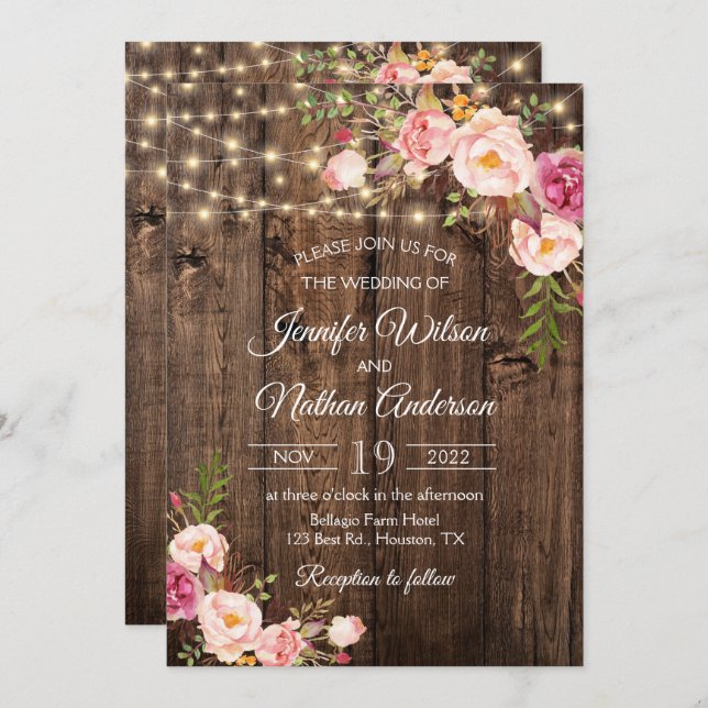 Invitation Boho Rustique Floral String Mariage (Devant / Derrière)