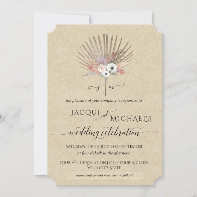 Invitation BOHO Rustique Herbe de Pampas Tropical Monogram Fl (Devant)