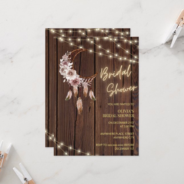 Invitation Boho rustique lumières à cordes de bois nuptiale d (Devant/Arrière en situation)