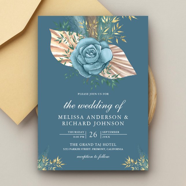 Invitation Boho Rustique Palm Dusty Blue Floral Mariage (Créateur téléchargé)