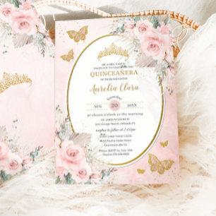 Invitation Boho Rustique Pampas Blush rose Floral Quinceañera