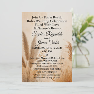 Invitation Boho rustique | Pampas Grass Tons Terres Mariage
