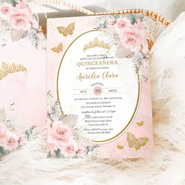 Invitation Boho Rustique Pampas Rose Pâle Floral Quinceañera (Créateur téléchargé)