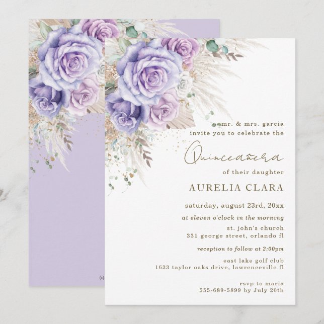 Invitation Boho Rustique Pampas Violet Floral Quinceañera Inv (Devant / Derrière)