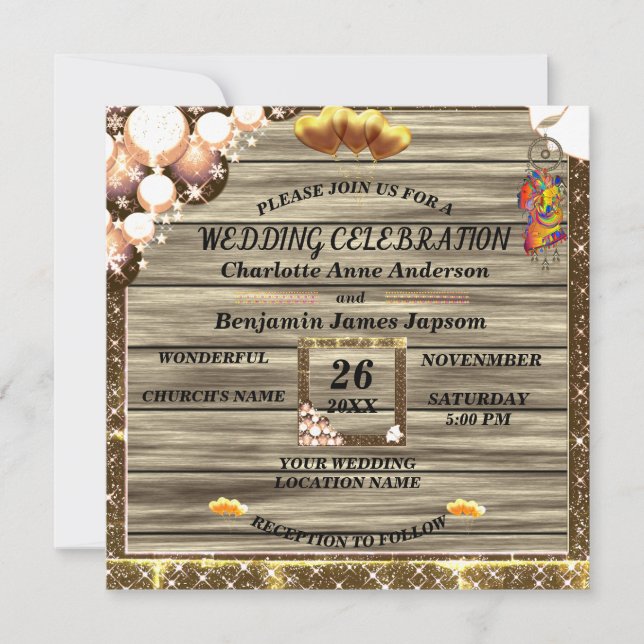 Invitation  Boho rustique Parties scintillant dorée Mariage e (Devant)
