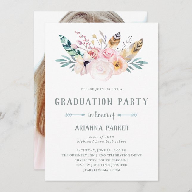 Invitation Boho rustique | Photo Graduation Party (Devant / Derrière)