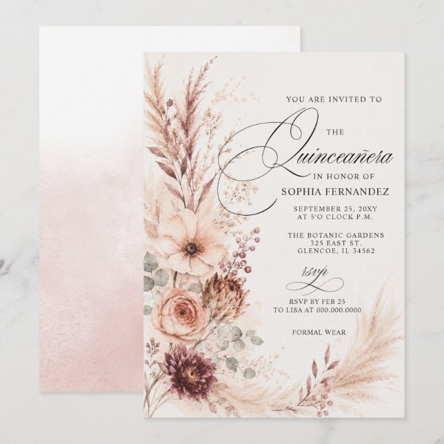 Invitation Boho Rustique Quinceanera Pampas en Terracotta  (Devant / Derrière)